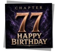 77th Birthday Card, Chapter 77 Gold-Style Lettering | Striking Chapter 77 front with bold gold-style lettering and purple lightning, plus a clear HAPPY BIRTHDAY for a 77th.