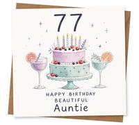 77th Birthday Card for Auntie, Happy Birthday Beautiful Auntie Card with Cake and Drinks, for Her
