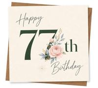 77th Birthday Card for Her, Green 77 with Pink Blooms | For her 77th: soft pink blooms and leafy greenery around bold green 77, with elegant “Happy Birthday” script.