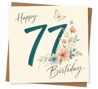 77th Birthday Card for Her, Teal 77, Butterfly and Florals | Charming floral artwork with a delicate butterfly and bold teal 77, finished with a pretty handwritten greeting for her 77th.