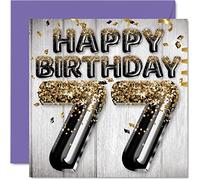 77th Birthday Card for Men, Black & Gold Glitter Balloons