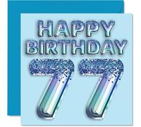 77th Birthday Card for Men - Blue Glitter Party Balloon - Happy Birthday Cards for 77 Year Old Man Great Grandpa Grandad Dad Gran, 145mm Greeting Cards Gift