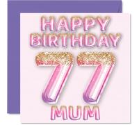 77th Birthday Card for Mum - Pink & Purple Glitter Balloons - Happy Birthday Cards for 77 Year Old Mum Mother from Son Daughter, 145mm Bday Greeting Cards Gift