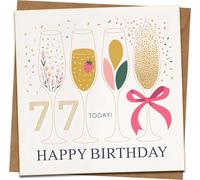 77th Birthday Card - Happy Birthday Champagne Glasses Design, Confetti and Bow - 145mm x 145mm Square Greeting Card with Kraft Envelope - For Men or Women, Milestone Seventy-Seven Today
