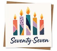 77th Birthday Card, Patterned Candles, Seventy-Seven | Five bright candles with patterned flames and “Seventy-Seven” on the front-lively, modern look for a 77th birthday.