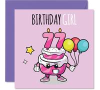 77th Birthday Cards for Women - Birthday Cake Girl Balloons - Happy Birthday Card for 77 Year Old Woman Auntie Granny Sister Cousin, 145mm Bday Greeting Cards