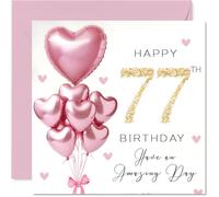 77th Birthday Cards for Women - Pink Glitter Balloons - Happy Birthday Card for 77 Year Old Woman Granny Nan Cousin Sister, 145mm Bday Greeting Cards
