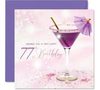 77th Birthday Cards for Women - Purple Cocktail - Happy Birthday Card for 77 Year Old Woman Nanny Cousin Sister Wife, 145mm Bday Greeting Cards