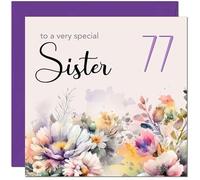 77th Sister Birthday Card - Purple Floral Sister's Birthday Card for 77 Year old Seventy Seven Seventy Seventh