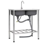 Vidaxl Camping Sink Double Basins With Tap Stainless Steel, Silver