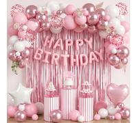 78PCS Pink And White Birthday Decorations - White And Pink Happy Birthday Balloons With Banner Balloon,Star Heart Foil Balloons, Cake Topper And Foil Curtain, Laxte And Foil Balloon For Women Girls