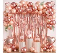 78pcs Rose Gold Birthday Decorations-Happy Birthday Decorations Set With Rose Gold Balloons Latex,Star Heart Foil Balloon,Banner Balloon,Cake Topper And Foil Curtain For 18th 21st 30th Women Girl
