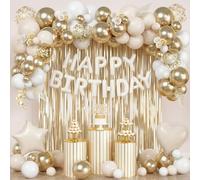 78PCS White and Gold Birthday Decorations-Happy Birthday Decorations With Beige Gold Champane Balloons Latex,Star Heart Foil Balloon,Banner Balloon,Cake Topper,Foil Curtain For 18th 21st Women Girl