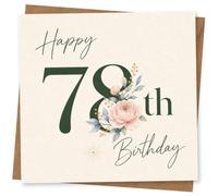 78th Birthday Card, Bold Green 78 and Peony Bouquet | Elegant 78th birthday front with big green numerals, blush peony bouquet and flowing “Happy Birthday” handwriting.