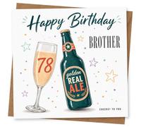 78th Birthday Card for Brother, Real Ale Bottle & Stars | Toast your brother’s 78th with a “Happy Birthday Brother” front, real ale bottle, bubbly glass marked 78 and star confetti.