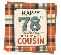 78th Birthday Card, Plaid Tartan, Big 78, Cousin | Bold tartan plaid with big “Happy 78th birthday” lettering and “to an amazing cousin” message for age 78.