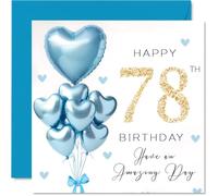 78th Birthday Cards for Men - Blue Glitter Balloons - Happy Birthday Card for 78 Year Old Man Husband Great Uncle Grandpa Dad, 145mm Bday Greeting Cards