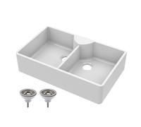 795mm - 2 Bowl Fireclay Butler Kitchen Sink - Stepped Weir, Tap Ledge & Wastes