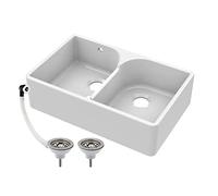 795mm Butler White Kitchen Sink, Double Bowl Stepped Weir with 2 Waste with 1 Overflow, Durable Butler Fireclay Ceramic Kitchen Sink Bowl, Farmhouse Sinks - 795 x 500 x