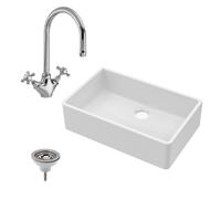 Balterley Fireclay Single Bowl Butler Sink Mono Mixer Tap Waste 795mm in White Balterley White