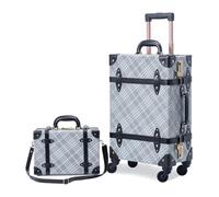 7998 Vintage Suitcase Set for Men and Women, PU Leather Retro Luggage with Cosmetic Train Bag for Weekend Trips Getaways, Grey Plaid, 20"+12"