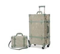 7998 Vintage Suitcase Set for Men and Women, PU Leather Retro Luggage with Cosmetic Train Bag for Weekend Trips Getaways, Moss Green, 26"+12"