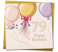 79th Birthday Card - Balloons & Bow Design -, 145mm x 145mm Square, Includes Gold Envelope