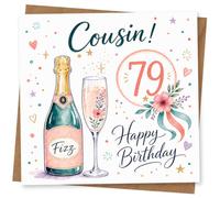 79th Birthday Card, Cousin! Fizz Bottle, Floral Flute | Mark their 79th with “Cousin!” plus a fizz bottle and floral champagne flute, confetti dots, hearts