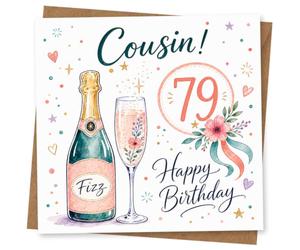 79th Birthday Card, Cousin! Fizz Bottle, Floral Flute | Mark their 79th with “Cousin!” plus a fizz bottle and floral champagne flute, confetti dots, hearts