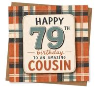 79th Birthday Card for Cousin, Plaid Tartan, Big 79 | For your cousin’s 79th: tartan plaid background with large “79” and the message “Happy 79th Birthday to an amazing cousin”.