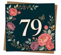 79th Birthday Card for Her, Floral 79 on Dark Teal | Her 79th in style: a large 79 with pink and purple blooms, leafy gold-style touches and a dark teal backdrop.