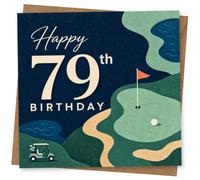 79th Birthday Card for Her, Golf Green, Flag and Cart | Celebrate her 79th with bold “Happy 79th Birthday” lettering, a putting green with red flag, golf ball and small cart.
