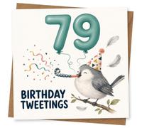 79th Birthday Card for Her, Party Bird, Confetti & Balloons | Cheer on her 79th with big teal balloon numbers, colourful confetti and a happy bird blowing a party horn.