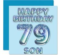 79th Birthday Card for Son, Blue Glitter Party Balloons