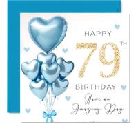 79th Birthday Cards for Men - Blue Glitter Balloons - Happy Birthday Card for 79 Year Old Man Great Uncle Cousin Husband Grandpa, 145mm Bday Greeting Cards