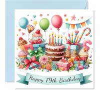 79th Birthday Cards for Women Men - Cake and Presents - Happy Birthday Card for 79 Year Old Woman Man Auntie Husband Brother Uncle, 145mm Bday Greeting Cards