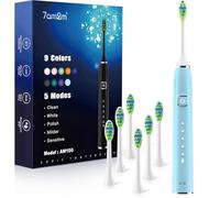 7AM2M Sonic Electric Toothbrush 5 Modes, 120 Days Battery Life | Type-C Rechargeable, 40,000 VPM, Smart Timer, Electric Toothbrush for Adults & Kids, 6 Brush Heads, Light Blue