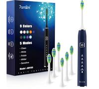 7AM2M Sonic Electric Toothbrush with 6 Brush Heads for Adults&Kids, Type C Rehargeable, One Charge for 120 Days, 5 Modes&40000VPM Powered Toothbrush, 2 Minutes Built in Smart Timer, Navy Blue
