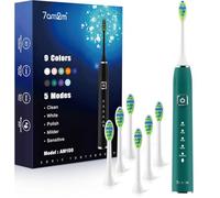 7AM2M Sonic Electric Toothbrush with 6 Brush Heads for Adults&Kids, Type C Rehargeable, One Charge for 120 Days, 5 Modes&40000VPM Powered Toothbrush, 2 Minutes Built in Smart Timer, Peacock Green
