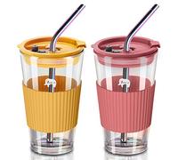 7CDXD 450ml Iced Coffee Cups Reusable 2 Pack Glass Travel Mug with Straws and Lids Leakproof Drinking Glasses for DIY Coffee Milk Beverages Tea and Wine