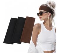 7cm Wide Black Brown Headbands for Women Men, 3pack Stretchy Head Bands Hair, Soft Fabric Sports Hair Bands for Makeup, Yoga, Running, Gym Hair Accessories (2 Black and 1 Brown)