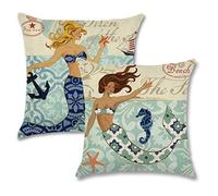 7COLORROOM 2Pack Mermaid Throw Pillow Covers Ocean Theme Beach Cushion Pillow Covers Cotton Linen Square Pillowcases for Car Sofa Bed Couch 18 x 18 Inch(Mermaid-2)
