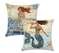 7ColorRoom 2Pack Mermaid Throw Pillow Covers Ocean Theme Beach Cushion Pillow Covers Cotton Linen Square Pillowcases for Car Sofa Bed Couch 18 x 18 Inch(Mermaid-1)
