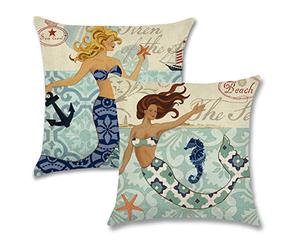 7COLORROOM 2Pack Mermaid Throw Pillow Covers Ocean Theme Beach Cushion Pillow Covers Cotton Linen Square Pillowcases for Car Sofa Bed Couch 18 x 18 Inch(Mermaid-2)