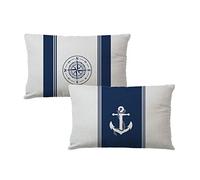 7COLORROOM 2Pack Nautical Sailing Throw Pillow Cover Navy Blue with Anchor/Compass Pattern Rectangular/Waist Cushion Cover Ocean Beach Home Decor Pillowcases 12"×20",for Sofa Couch Patio (12"×20")
