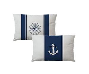 7COLORROOM 2Pack Nautical Sailing Throw Pillow Cover Navy Blue with Anchor/Compass Pattern Rectangular/Waist Cushion Cover Ocean Beach Home Decor Pillowcases 12"×20",for Sofa Couch Patio (12"×20")