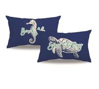 7COLORROOM 2Pack Ocean Theme Decor Throw Pillow Cover Navy Blue Double-Sided Printed Sea Turtle Seahorse Rectangular/Waist Cushion Cover Summer Coastal Beach Home Decor Pillowcases 12”×20”(Blue)