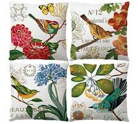 7COLORROOM 4 Pack Birds Pillow Covers Birds On The Tree with Flower&Butterfly Cushion Cover Floral Home Decorative Cotton Linen Pillowcases 18”×18” (Colorful Birds)