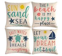 7COLORROOM 4Pack Beach Theme Pillow Covers Watercolor Costal Sea Turtle Cushion Covers Nautical & Ocean Style Quotes Summer Holiday Home Decorative Pillowcases 18" x 18" for Sofa Couch Porch