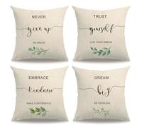 7COLORROOM 4Pack Inspirational Quotes Pillow Covers Double-Sided Printed Encouraging Saying Words with Green Leaves Cushion Cover Farmhouse Home Decor Pillowcases 18”×18”for Housewarming Gifts